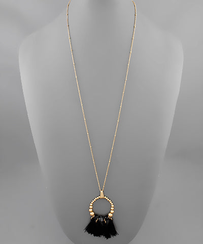 Long Round Bead + Tassel Necklace/ Black