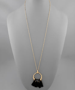 Long Round Bead + Tassel Necklace/ Black