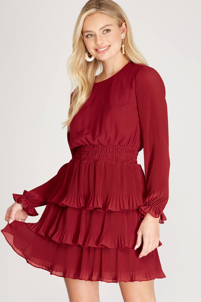 Red Hot Date Long Sleeve Ruffle Tiered Dress / Red
