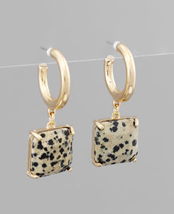 Dangle Gold Square Natural Stone Earring/ Brown Spotted