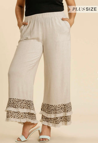 The Louisa Wide Leg Fringe Bottom Pants/ Oatmeal (Plus Size)