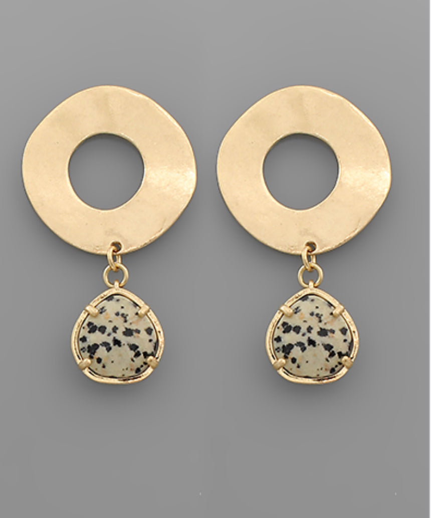 Gold Disc Dangle Pendant Earring/ Brown Spotted