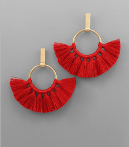 Circle Dangle Tied Tassel Gold Earring/ Red