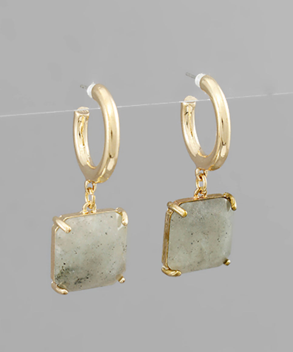 Dangle Gold Square Natural Stone Earring/ Gray