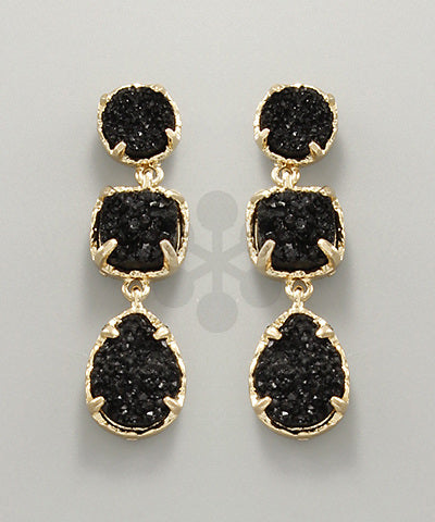 Druzy Dangle 3 Stone Earrings/ Black