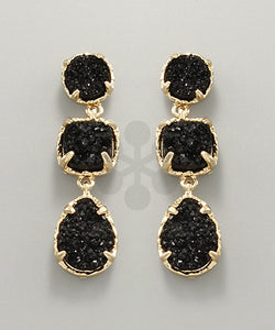 Druzy Dangle 3 Stone Earrings/ Black