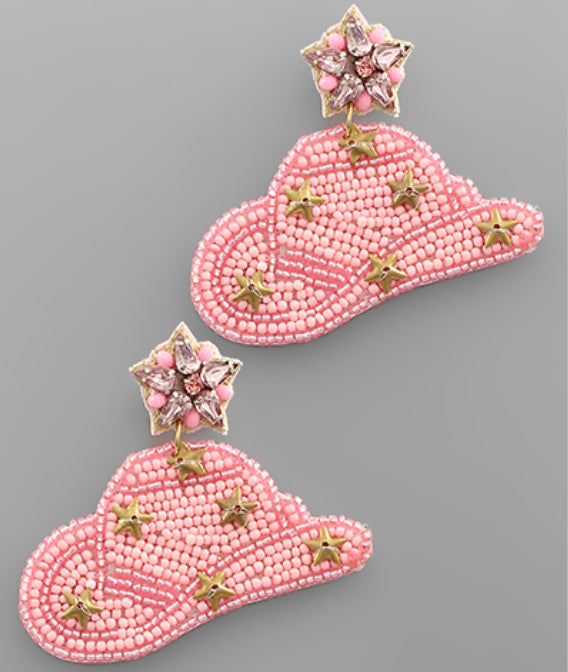 Beaded Star Cowgirl Hat Earrings/ Pink