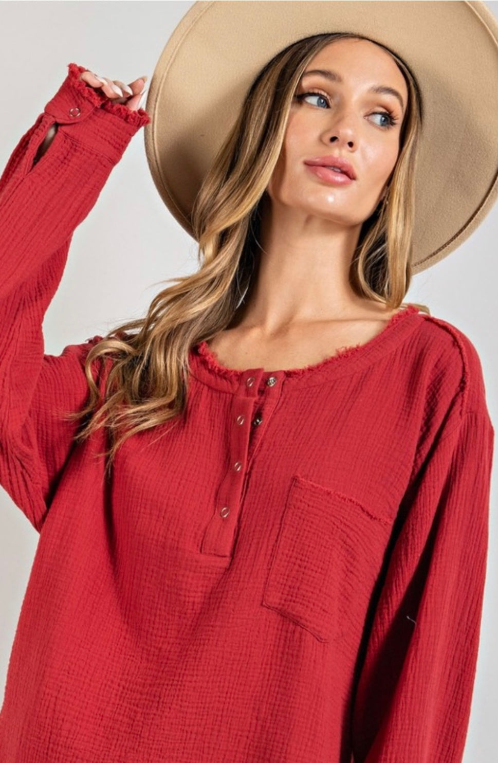 Fall in Vermont Henley Fringe Top/ Red