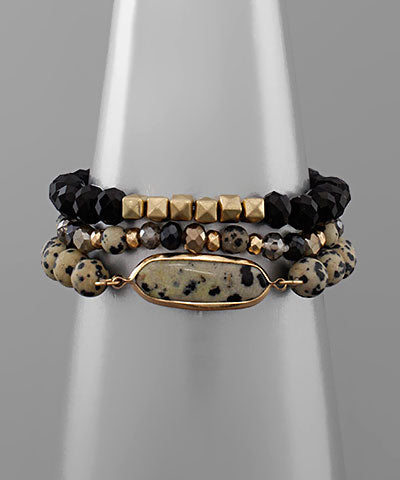 3 Row Stone & Glass Bead Bracelet