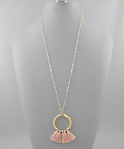 Long Round + Tassel Pendant Necklace/ Dusty Pink